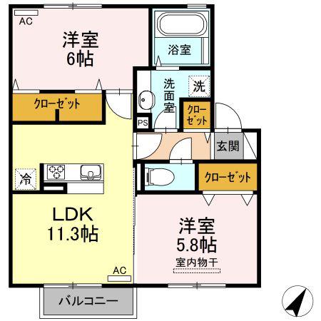 ヴィラージュ月出 B棟(2LDK/2階)の間取り写真