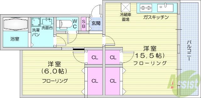 サニープラザ銀杏町(1LDK/3階)の間取り写真
