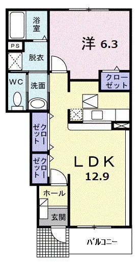 メロウ・パーシモン A(1LDK/1階)の間取り写真