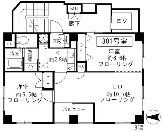 プルナス入谷(1LDK/8階)の間取り写真