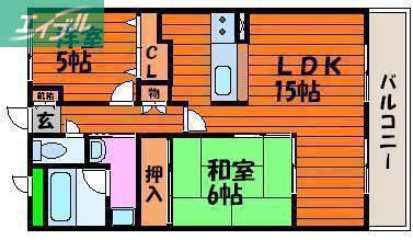 グリーンビレッジ北方(2LDK/3階)の間取り写真