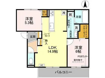 D-RESIDENCE高槻市下田部A棟(2LDK/2階)の間取り写真