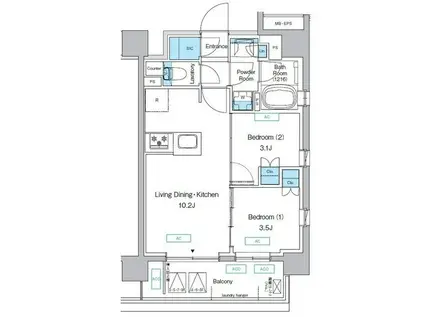 プレディアコート三軒茶屋(2LDK/6階)の間取り写真