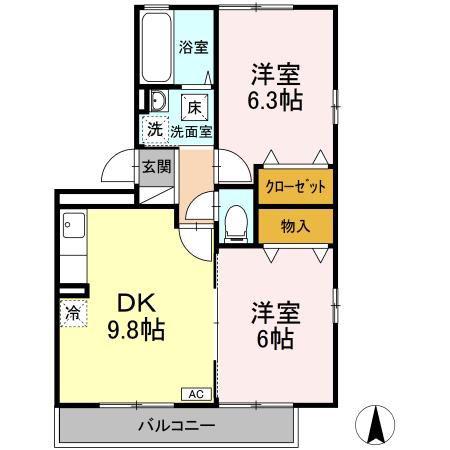 オークスK A棟(2DK/2階)の間取り写真