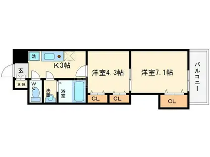 セントラル南船場(2K/14階)の間取り写真