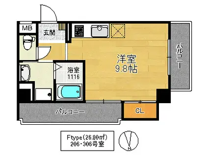 大橋マンション3(ワンルーム/3階)の間取り写真