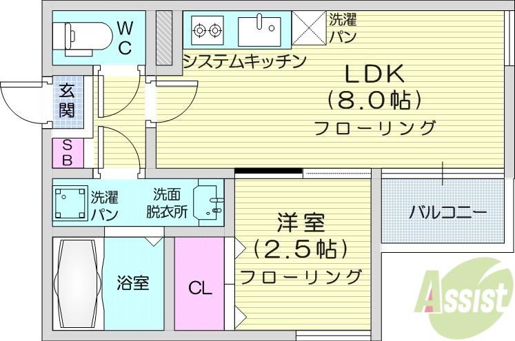RSキャスバルクォーレ榴ヶ岡(1LDK/2階)の間取り写真