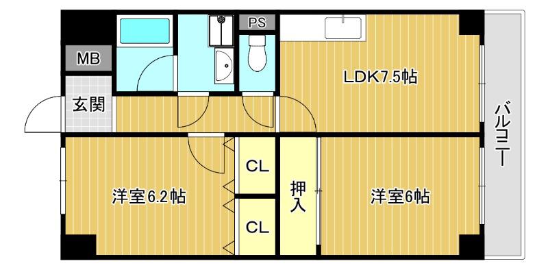ハピネスふせ(2DK/2階)の間取り写真