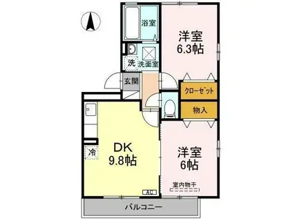 オークスK A棟(2DK/2階)の間取り写真