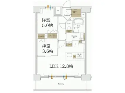 ザ・パークハビオ谷町六丁目テラス(2LDK/14階)の間取り写真