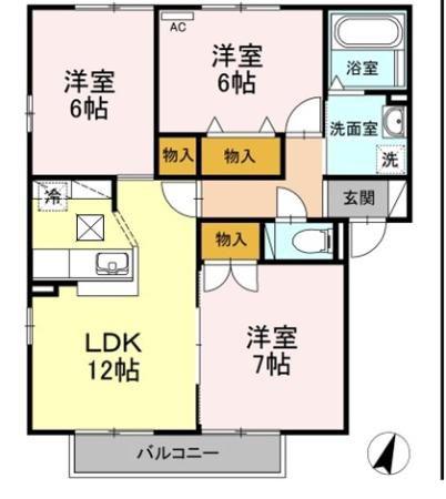 グランタイル高岡D棟(3LDK/1階)の間取り写真