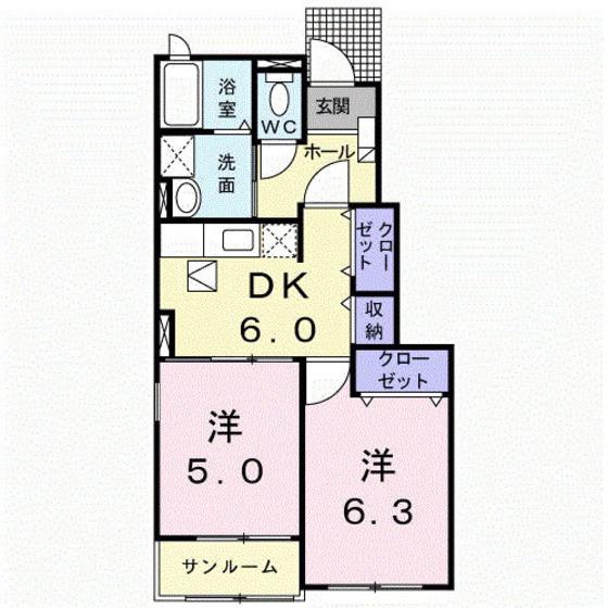 ソレイユA(2DK/1階)の間取り写真