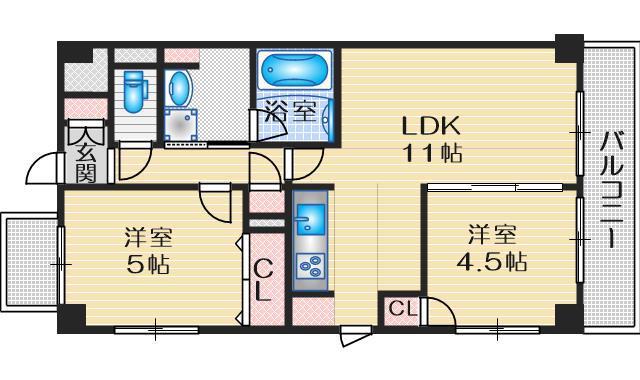 フェリシア江坂(2LDK/6階)の間取り写真