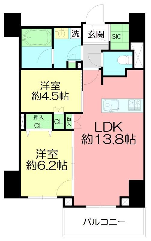 クリオ茅ヶ崎サザンマークス(2LDK/2階)の間取り写真