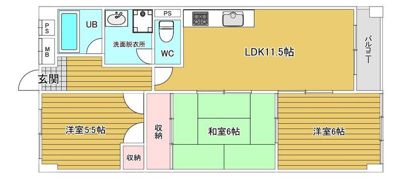 博多ニッコーハイツ(3LDK/7階)の間取り写真