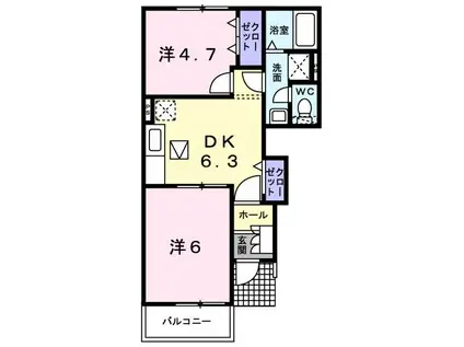 ヴィラージュ波風D(2DK/1階)の間取り写真