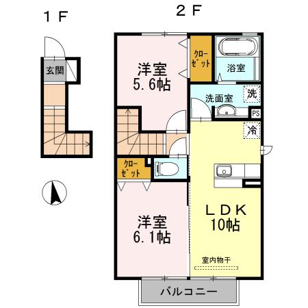 黒髪サンハイツIII B棟(2LDK/2階)の間取り写真