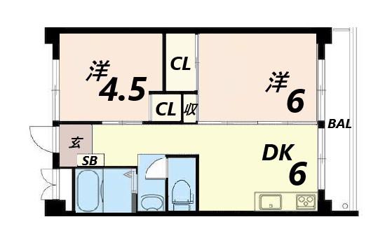 ビレッジハウス南清水タワー1号棟(2DK/8階)の間取り写真