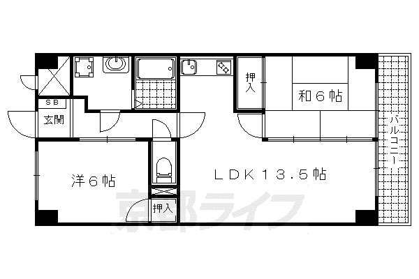 東野第一グリーンハイツ山科(2LDK/6階)の間取り写真