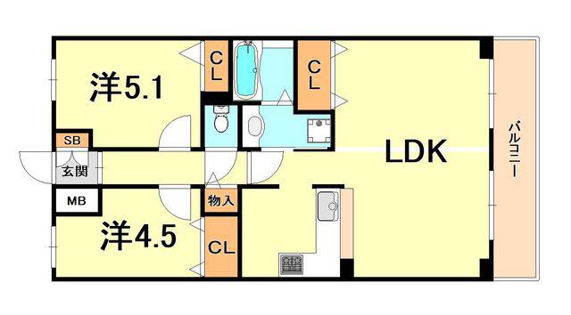 芦屋パインクレスト(2LDK/2階)の間取り写真