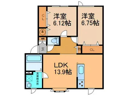 ユトリロ鳳乃舞A(2LDK/2階)の間取り写真