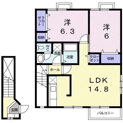 オーブリー吉田B棟(2LDK/2階)の間取り写真