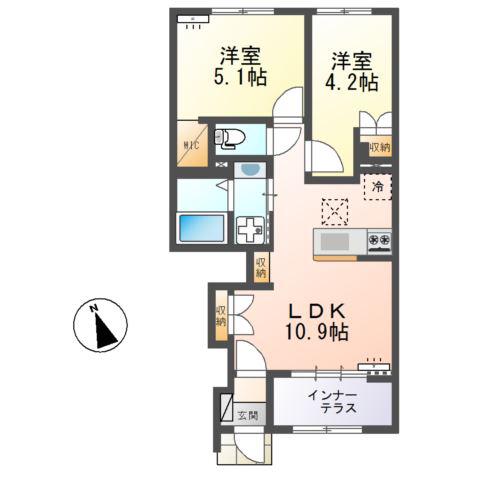 ひたちなか市足崎字原 アパートII期(2LDK/1階)の間取り写真