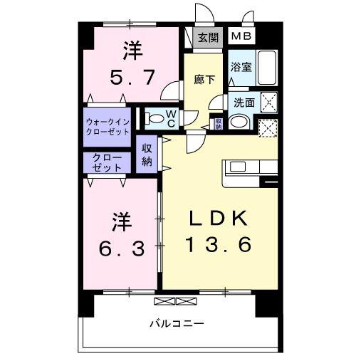 ディアコート木太(2LDK/7階)の間取り写真