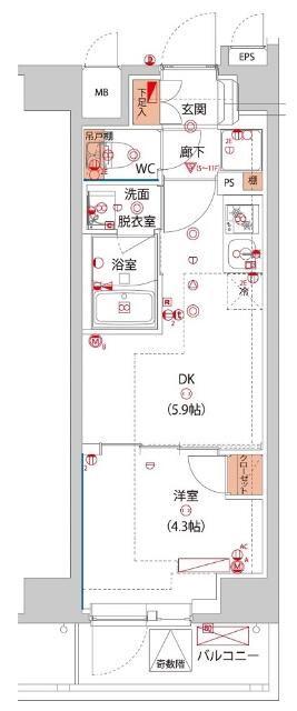 ハーモニーレジデンス東京サウス大塚(1DK/11階)の間取り写真