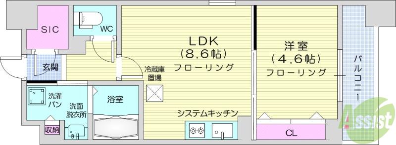 レジディア仙台北四番丁プレイス(1LDK/14階)の間取り写真