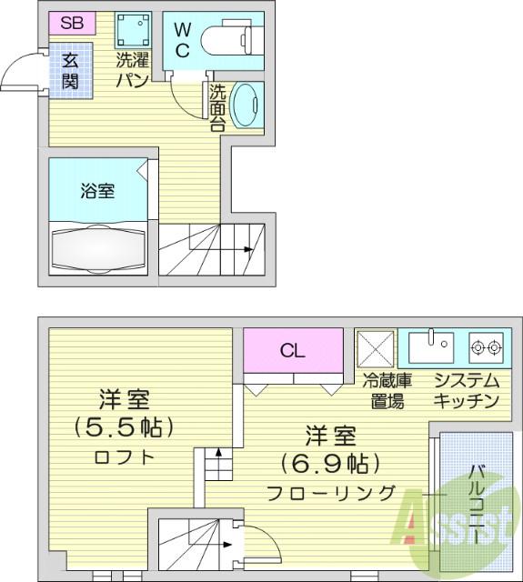 RIZEST陸前原ノ町(ワンルーム/2階)の間取り写真