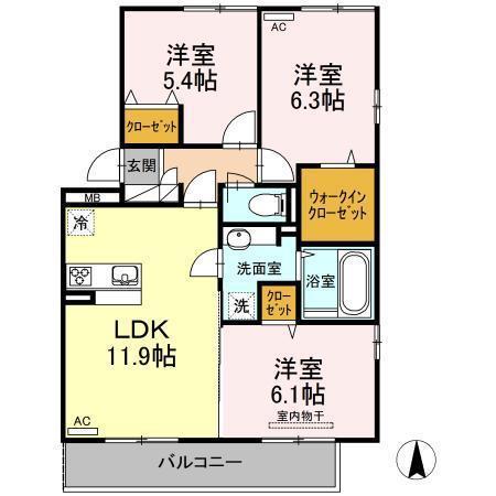グランシャリオ B棟(3LDK/3階)の間取り写真