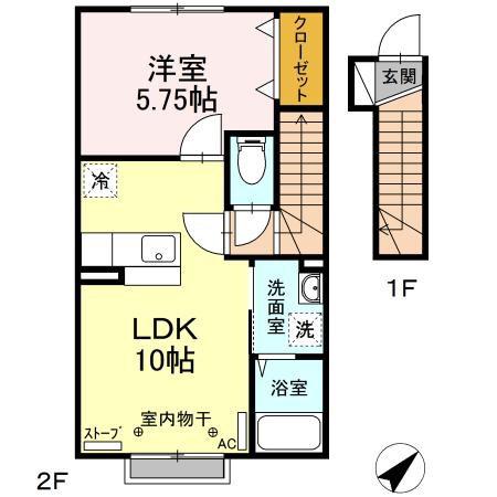 グランモア朋 B(1LDK/2階)の間取り写真