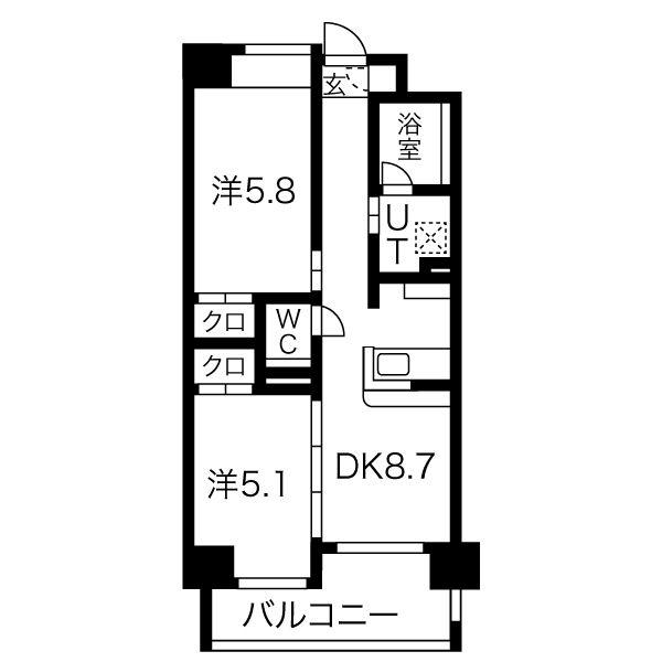 ヒルクレスト塩原(2DK/8階)の間取り写真