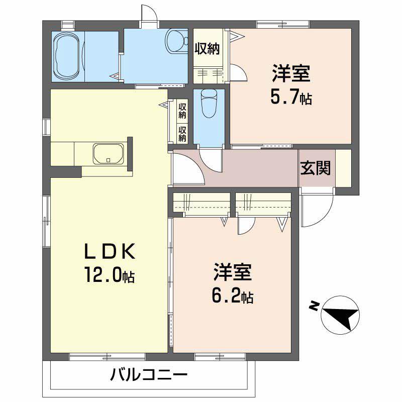 コンフォート B棟(2LDK/2階)の間取り写真