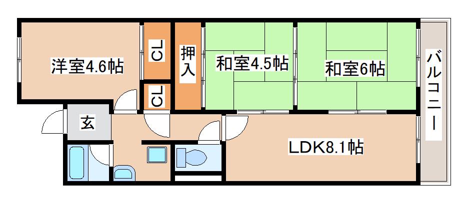 惣町サンハイツ1号棟(3LDK/3階)の間取り写真