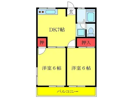 シティハイムニシダイA(2DK/1階)の間取り写真