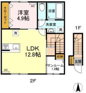 ガーデンヒルズ東手城 A棟(1LDK/2階)の間取り写真