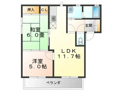 浅井ハイツ B棟(2LDK/1階)の間取り写真