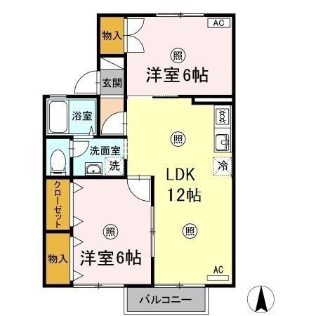 ウエストアベニュー B棟(2LDK/2階)の間取り写真