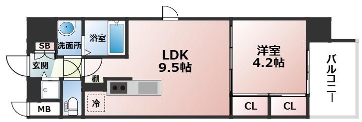 スワンズシティ大手前レーヴェ(1LDK/13階)の間取り写真