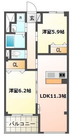 クリス竹(2LDK/3階)の間取り写真