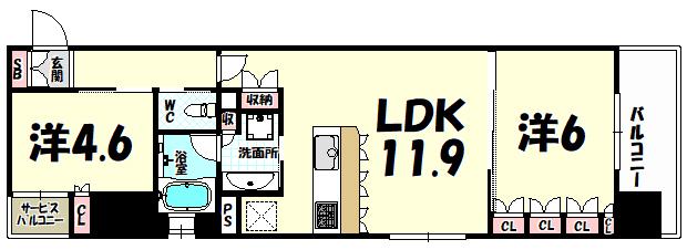 リーガル神戸三宮フラワーロード(2LDK/3階)の間取り写真