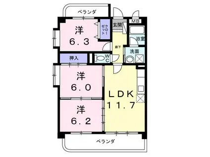 パラマウントビレッジ東岩田 A(3LDK/2階)の間取り写真