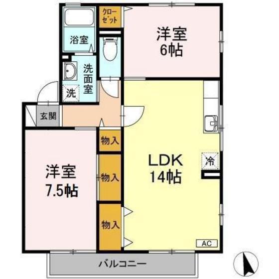 ウィル・モア大町B棟(2LDK/1階)の間取り写真