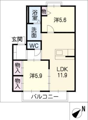 ソシア春木 B棟(2LDK/2階)の間取り写真