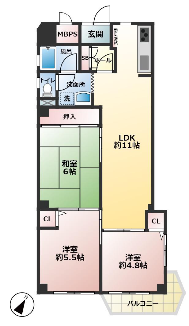 青木町ハイツ2号棟(3LDK/2階)の間取り写真