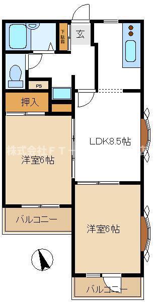 アフェールJ海神(2LDK/4階)の間取り写真