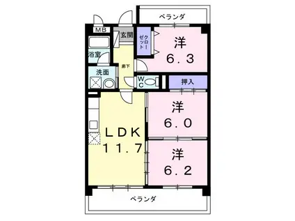 パラマウントビレッジ東岩田 A(3LDK/1階)の間取り写真