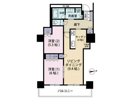 阿波座ライズタワーズフラッグ46 OMPタワー(2LDK/4階)の間取り写真
